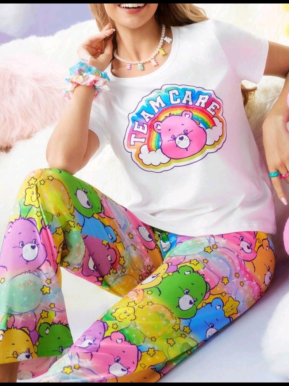 Care Bears "Team Care" White Graphic Tee & Rainbow Bear Pants Pajama Set